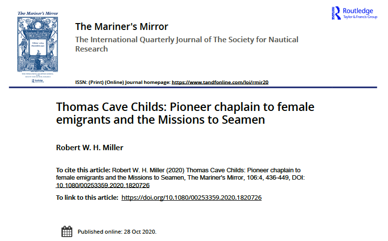 Article notice – Thomas Cave Childs: Pioneer chaplain to female emigrants and the Missions to Seamen